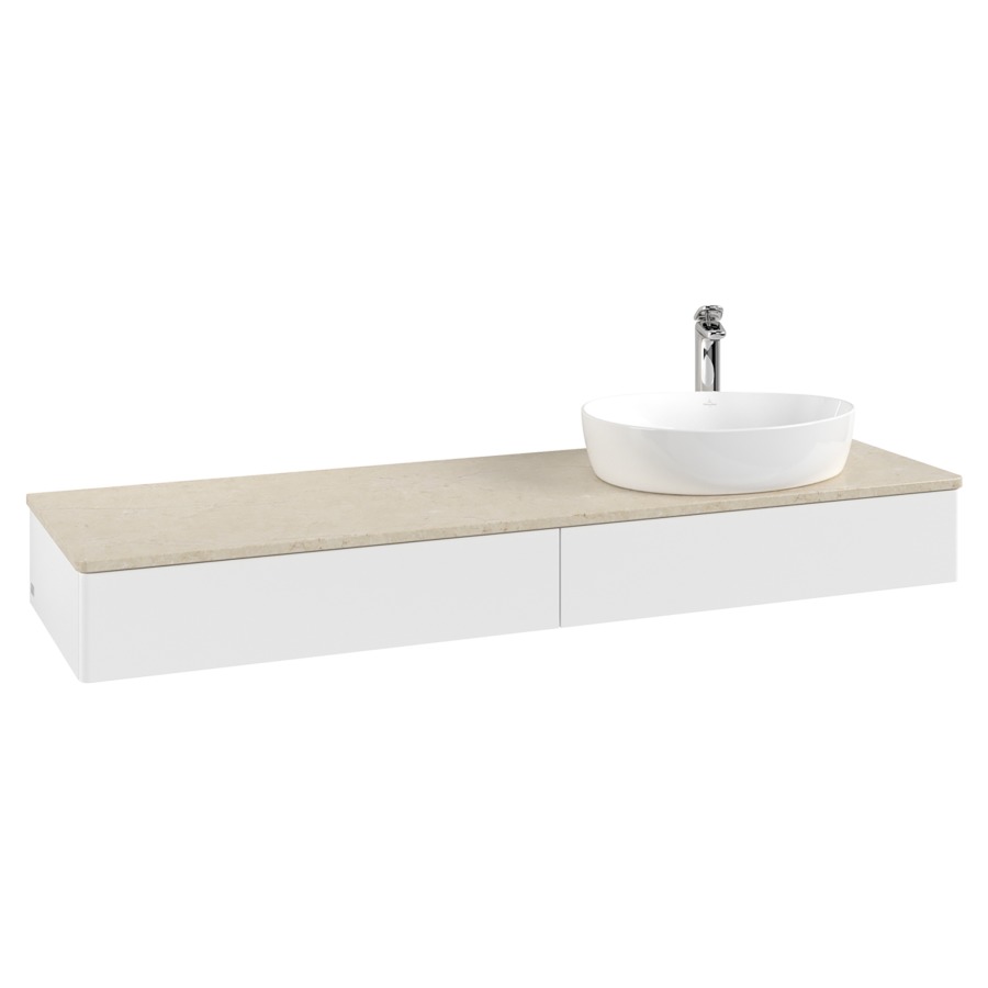Élément inférieur  Antao
160 x 19 x 50 cm
2&nbsp;éléments de tiroir, 1&nbsp;tiroir chacune
lavabo à droite
avec siphon gain de place
avec matériel de fixation
pour 1 lavabo à poser 101037/101039/234171
recouvrement Botticino, 1 trou pour robinet
