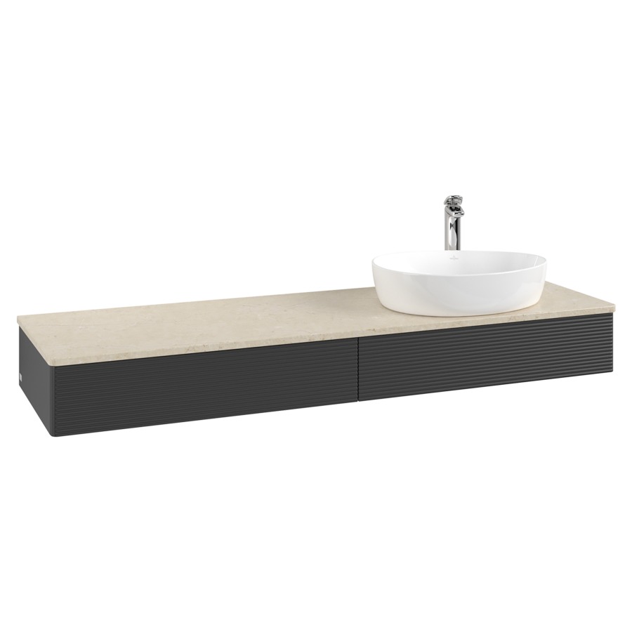 Élément inférieur  Antao
160 x 19 x 50 cm
2&nbsp;éléments de tiroir, 1&nbsp;tiroir chacune
lavabo à droite
avec siphon gain de place
avec matériel de fixation
pour 1 lavabo à poser 101037/101039/234171
recouvrement Botticino, 1 trou pour robinet