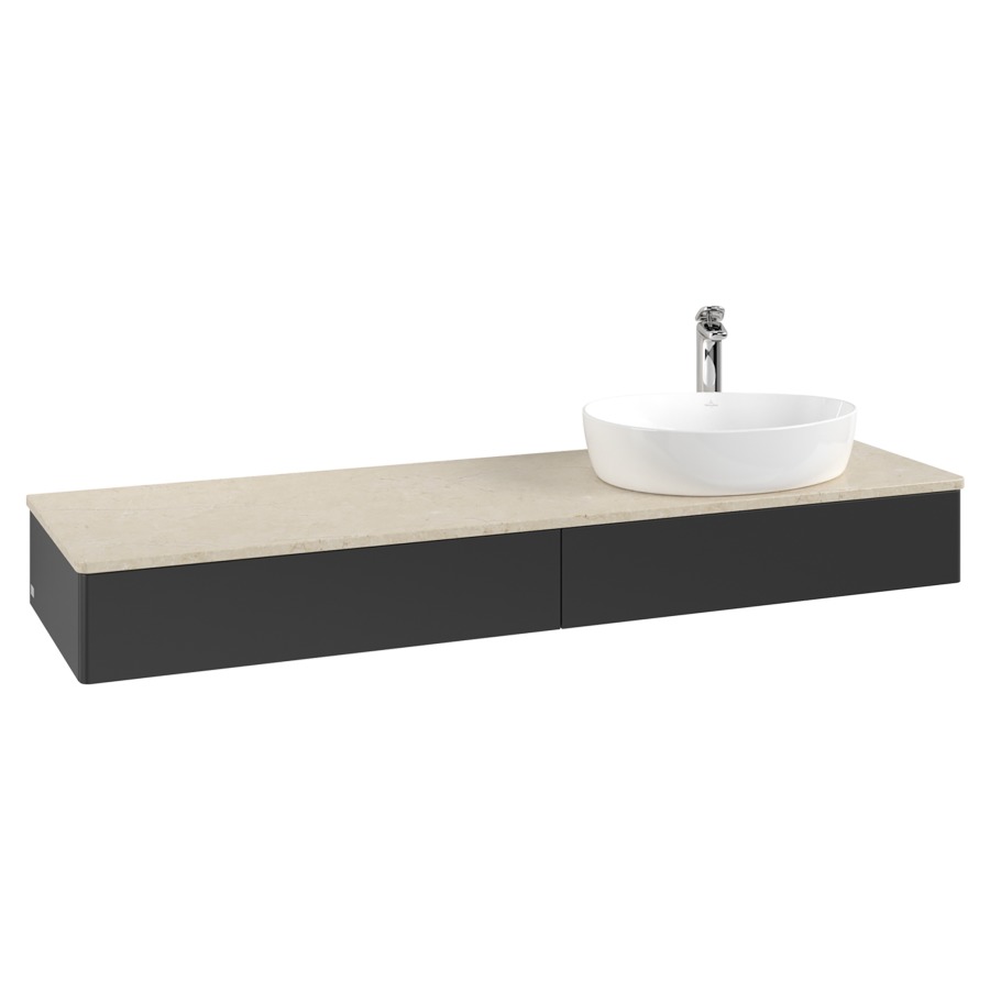 Élément inférieur  Antao
160 x 19 x 50 cm
2&nbsp;éléments de tiroir, 1&nbsp;tiroir chacune
lavabo à droite
avec siphon gain de place
avec matériel de fixation
pour 1 lavabo à poser 101037/101039/234171
recouvrement Botticino, 1 trou pour robinet