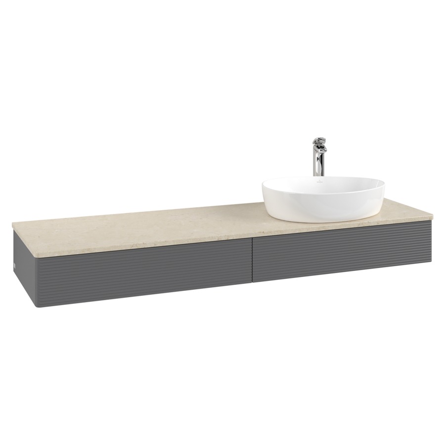 Élément inférieur  Antao
160 x 19 x 50 cm
2&nbsp;éléments de tiroir, 1&nbsp;tiroir chacune
lavabo à droite
avec siphon gain de place
avec matériel de fixation
pour 1 lavabo à poser 101037/101039/234171
recouvrement Botticino, 1 trou pour robinet