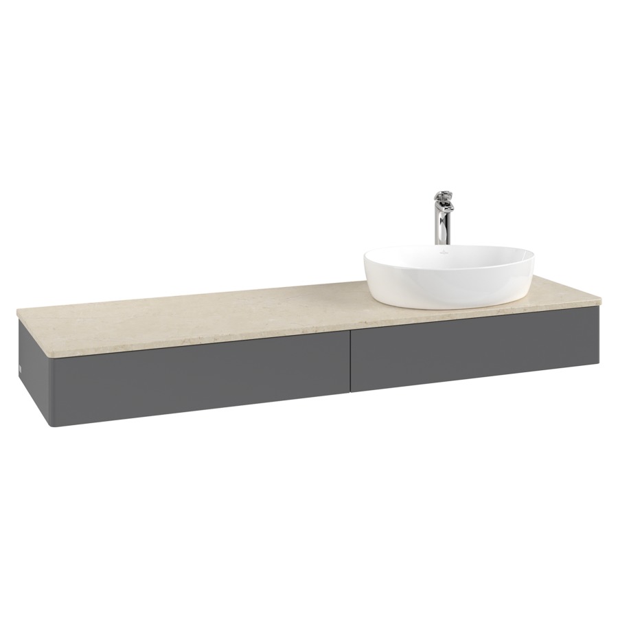 Élément inférieur  Antao
160 x 19 x 50 cm
2&nbsp;éléments de tiroir, 1&nbsp;tiroir chacune
lavabo à droite
avec siphon gain de place
avec matériel de fixation
pour 1 lavabo à poser 101037/101039/234171
recouvrement Botticino, 1 trou pour robinet