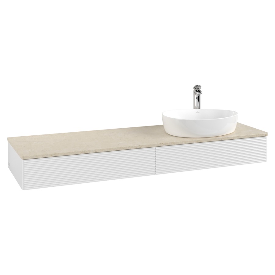 Élément inférieur  Antao
160 x 19 x 50 cm
2&nbsp;éléments de tiroir, 1&nbsp;tiroir chacune
lavabo à droite
avec siphon gain de place
avec matériel de fixation
pour 1 lavabo à poser 101037/101039/234171
recouvrement Botticino, 1 trou pour robinet