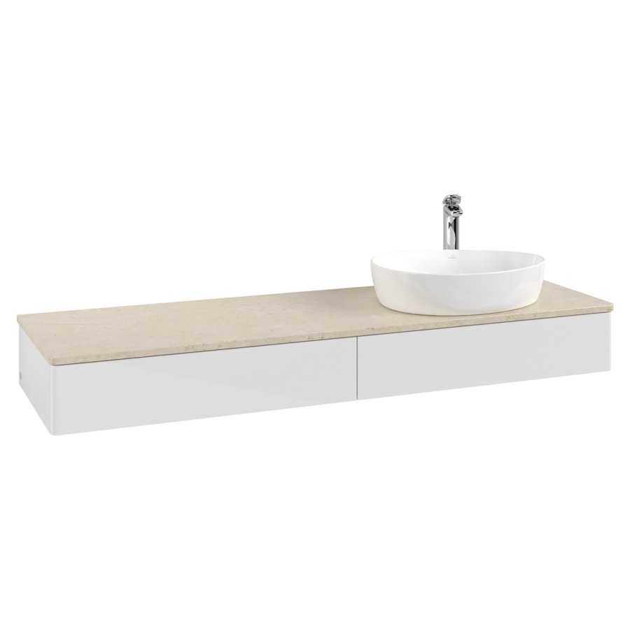 Élément inférieur  Antao
160 x 19 x 50 cm
2&nbsp;éléments de tiroir, 1&nbsp;tiroir chacune
lavabo à droite
avec siphon gain de place
avec matériel de fixation
pour 1 lavabo à poser 101037/101039/234171
recouvrement Botticino, 1 trou pour robinet