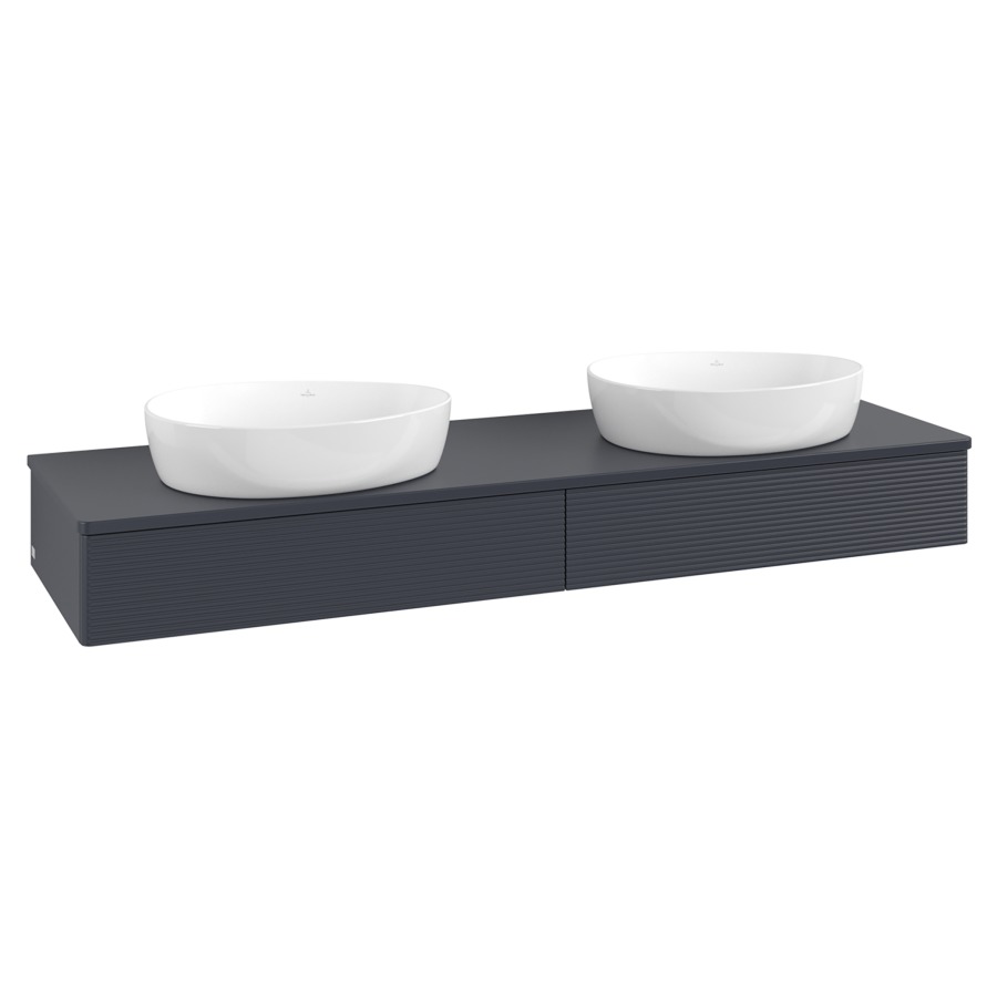 Élément inférieur  Antao
160 x 19 x 50 cm
2&nbsp;éléments de tiroir, 1&nbsp;tiroir chacune
avec siphon gain de place
avec matériel de fixation
pour 2 lavabos à poser 234171/234172/234173
recouvrement sans trou pour robinet