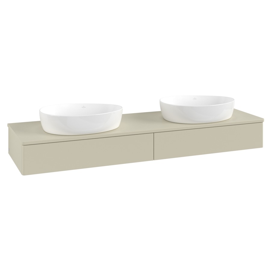 Élément inférieur  Antao
160 x 19 x 50 cm
2&nbsp;éléments de tiroir, 1&nbsp;tiroir chacune
avec siphon gain de place
avec matériel de fixation
pour 2 lavabos à poser 234171/234172/234173
recouvrement sans trou pour robinet