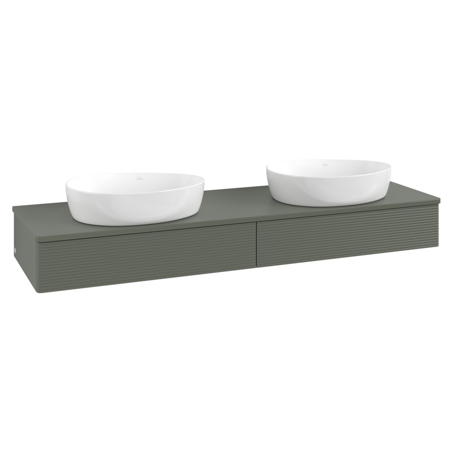 Élément inférieur  Antao
160 x 19 x 50 cm
2&nbsp;éléments de tiroir, 1&nbsp;tiroir chacune
avec siphon gain de place
avec matériel de fixation
pour 2 lavabos à poser 234171/234172/234173
recouvrement sans trou pour robinet