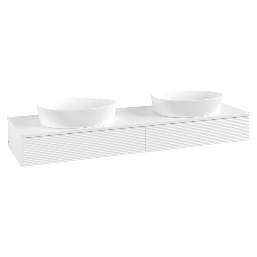 Élément inférieur  Antao
160 x 19 x 50 cm
2&nbsp;éléments de tiroir, 1&nbsp;tiroir chacune
avec siphon gain de place
avec matériel de fixation
pour 2 lavabos à poser 234171/234172/234173
recouvrement sans trou pour robinet