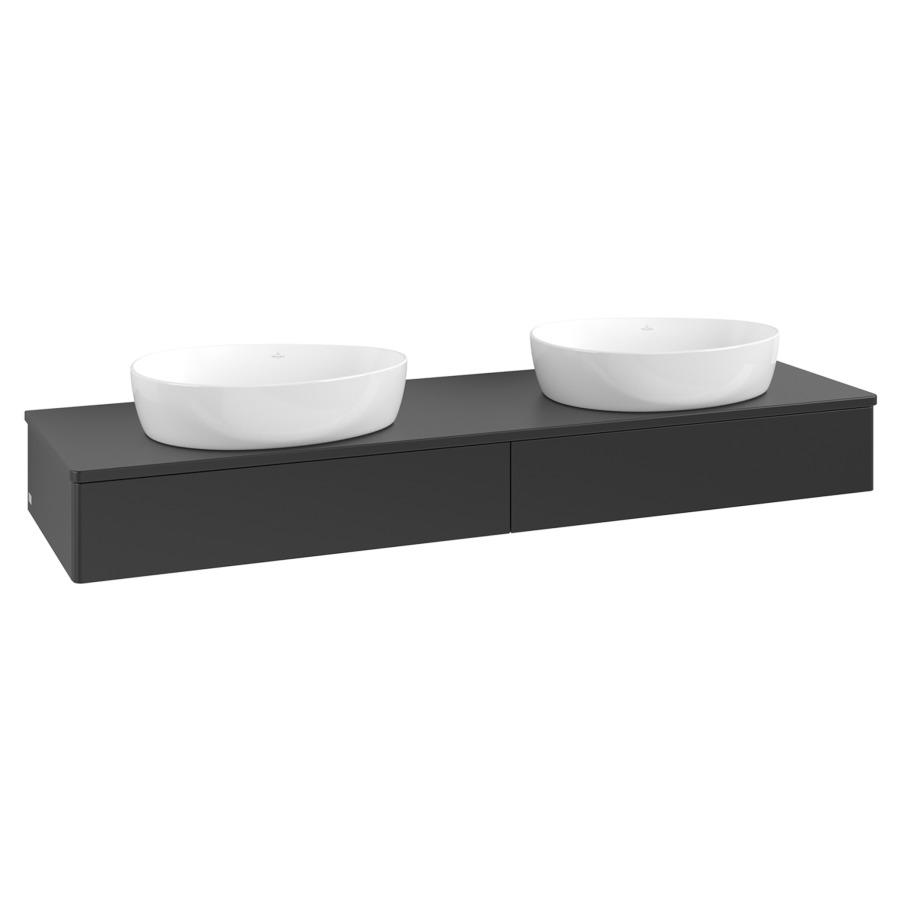 Élément inférieur  Antao
160 x 19 x 50 cm
2&nbsp;éléments de tiroir, 1&nbsp;tiroir chacune
avec siphon gain de place
avec matériel de fixation
pour 2 lavabos à poser 234171/234172/234173
recouvrement sans trou pour robinet
