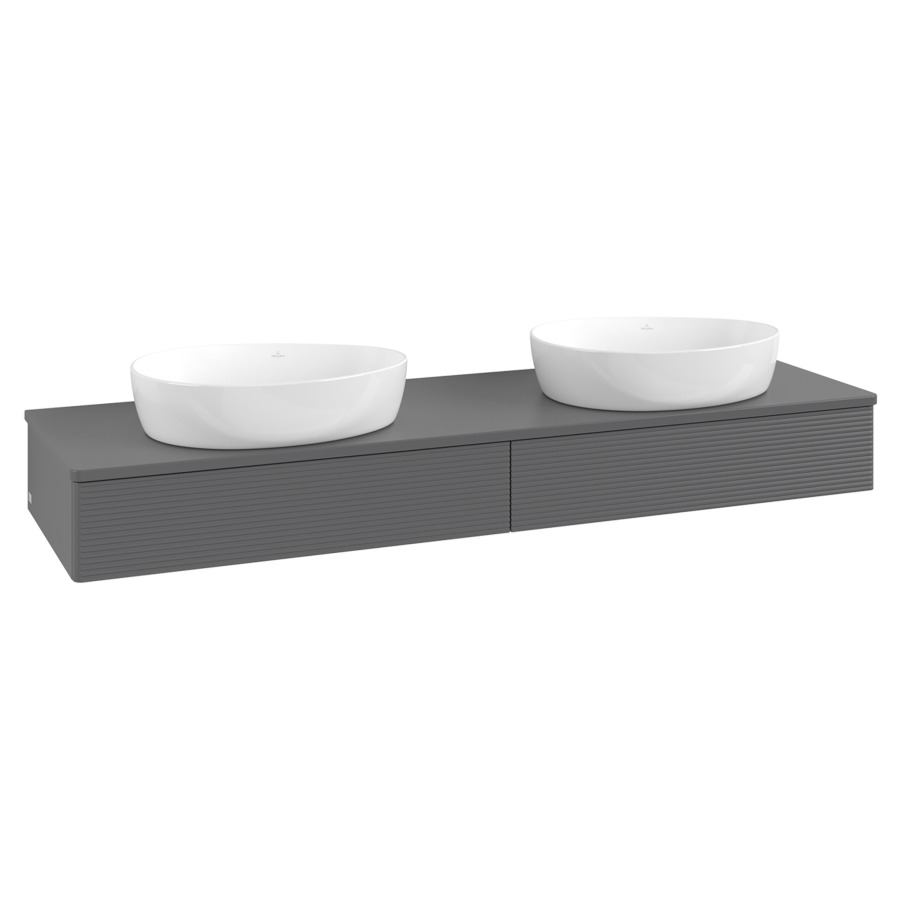 Élément inférieur  Antao
160 x 19 x 50 cm
2&nbsp;éléments de tiroir, 1&nbsp;tiroir chacune
avec siphon gain de place
avec matériel de fixation
pour 2 lavabos à poser 234171/234172/234173
recouvrement sans trou pour robinet