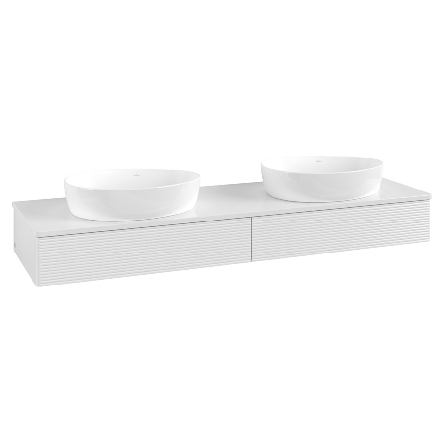 Élément inférieur  Antao
160 x 19 x 50 cm
2&nbsp;éléments de tiroir, 1&nbsp;tiroir chacune
avec siphon gain de place
avec matériel de fixation
pour 2 lavabos à poser 234171/234172/234173
recouvrement sans trou pour robinet
