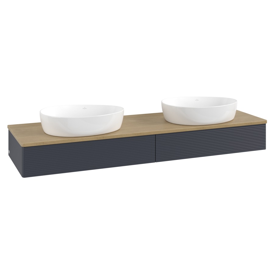 Élément inférieur  Antao
160 x 19 x 50 cm
2&nbsp;éléments de tiroir, 1&nbsp;tiroir chacune
avec siphon gain de place
avec matériel de fixation
pour 2 lavabos à poser 234171/234172/234173
recouvrement Honey Oak
sans trou pour robinet