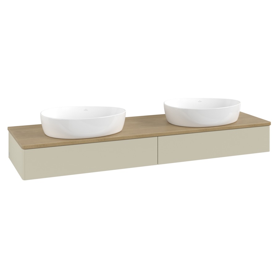 Élément inférieur  Antao
160 x 19 x 50 cm
2&nbsp;éléments de tiroir, 1&nbsp;tiroir chacune
avec siphon gain de place
avec matériel de fixation
pour 2 lavabos à poser 234171/234172/234173
recouvrement Honey Oak
sans trou pour robinet