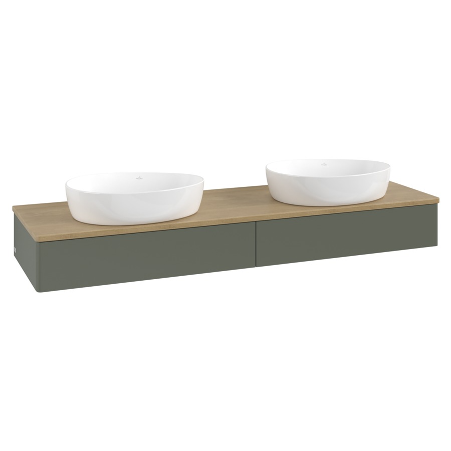 Élément inférieur  Antao
160 x 19 x 50 cm
2&nbsp;éléments de tiroir, 1&nbsp;tiroir chacune
avec siphon gain de place
avec matériel de fixation
pour 2 lavabos à poser 234171/234172/234173
recouvrement Honey Oak
sans trou pour robinet