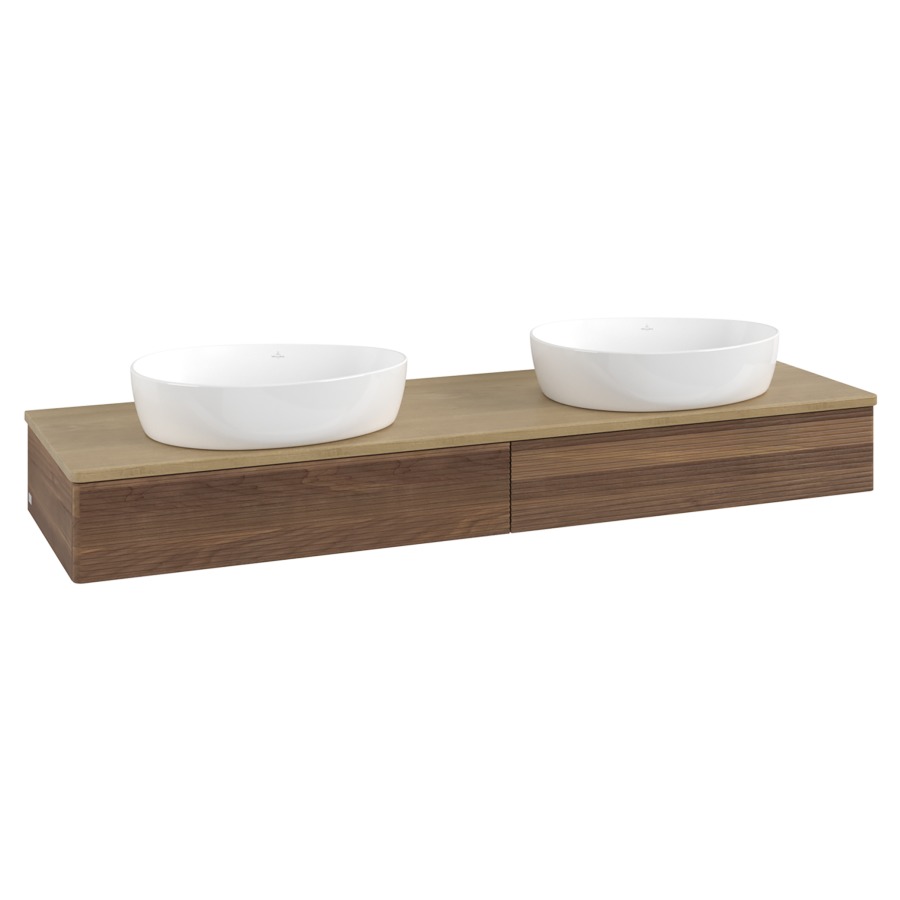 Élément inférieur  Antao
160 x 19 x 50 cm
2&nbsp;éléments de tiroir, 1&nbsp;tiroir chacune
avec siphon gain de place
avec matériel de fixation
pour 2 lavabos à poser 234171/234172/234173
recouvrement Honey Oak
sans trou pour robinet