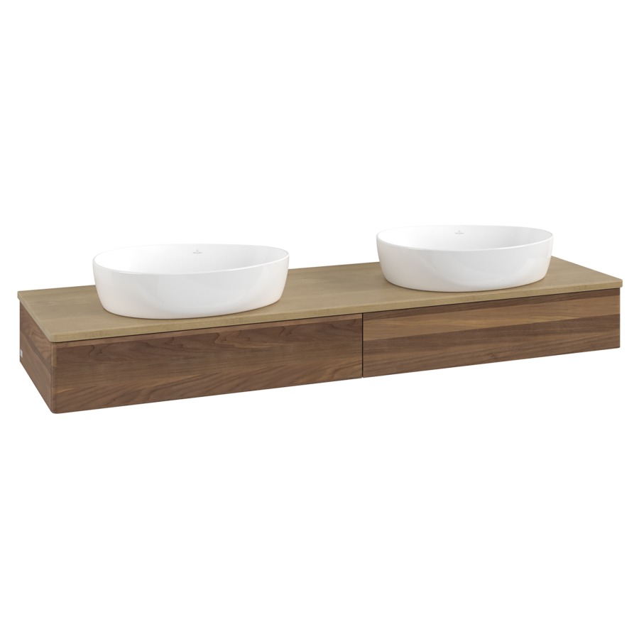 Élément inférieur  Antao
160 x 19 x 50 cm
2&nbsp;éléments de tiroir, 1&nbsp;tiroir chacune
avec siphon gain de place
avec matériel de fixation
pour 2 lavabos à poser 234171/234172/234173
recouvrement Honey Oak
sans trou pour robinet