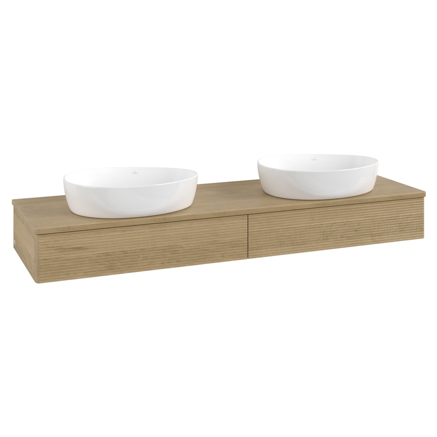 Élément inférieur  Antao
160 x 19 x 50 cm
2&nbsp;éléments de tiroir, 1&nbsp;tiroir chacune
avec siphon gain de place
avec matériel de fixation
pour 2 lavabos à poser 234171/234172/234173
recouvrement Honey Oak
sans trou pour robinet