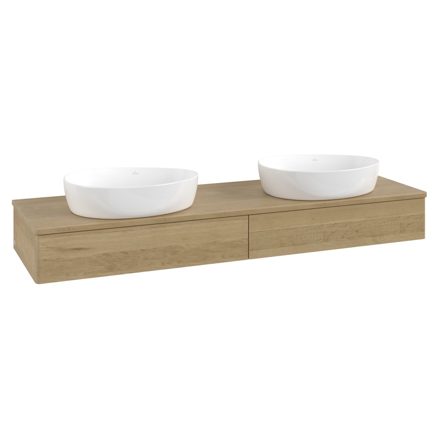 Élément inférieur  Antao
160 x 19 x 50 cm
2&nbsp;éléments de tiroir, 1&nbsp;tiroir chacune
avec siphon gain de place
avec matériel de fixation
pour 2 lavabos à poser 234171/234172/234173
recouvrement Honey Oak
sans trou pour robinet