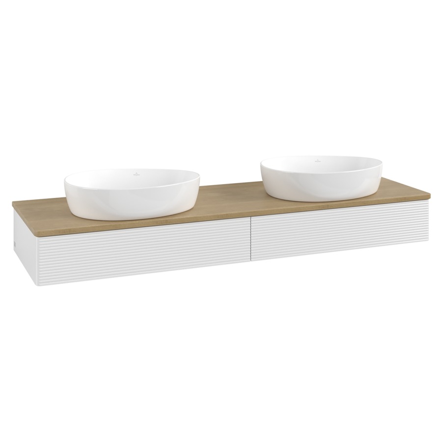 Élément inférieur  Antao
160 x 19 x 50 cm
2&nbsp;éléments de tiroir, 1&nbsp;tiroir chacune
avec siphon gain de place
avec matériel de fixation
pour 2 lavabos à poser 234171/234172/234173
recouvrement Honey Oak
sans trou pour robinet