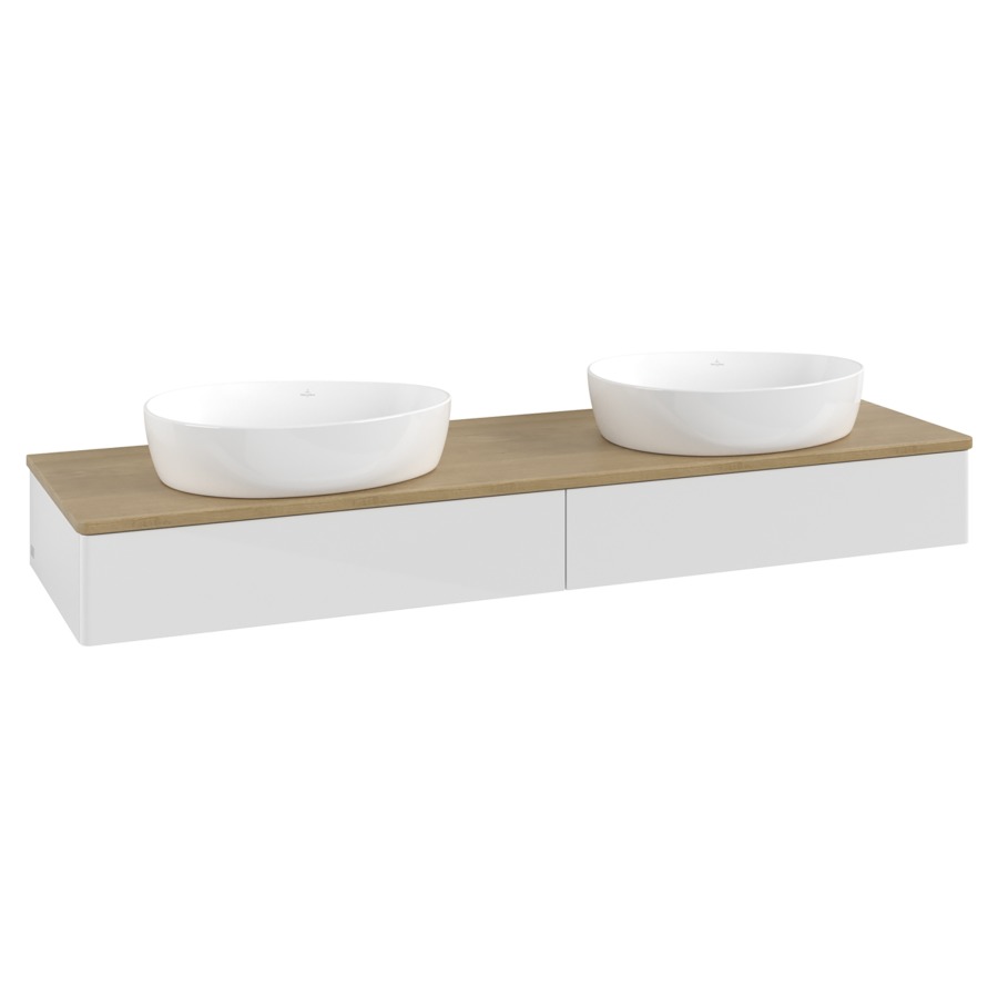 Élément inférieur  Antao
160 x 19 x 50 cm
2&nbsp;éléments de tiroir, 1&nbsp;tiroir chacune
avec siphon gain de place
avec matériel de fixation
pour 2 lavabos à poser 234171/234172/234173
recouvrement Honey Oak
sans trou pour robinet
