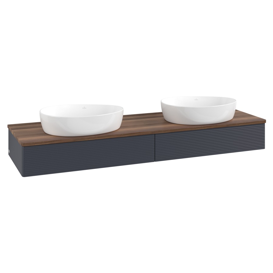 Élément inférieur  Antao
160 x 19 x 50 cm
2&nbsp;éléments de tiroir, 1&nbsp;tiroir chacune
avec siphon gain de place
avec matériel de fixation
pour 2 lavabos à poser 234171/234172/234173
recouvrement Warm Walnut
sans trou pour robinet