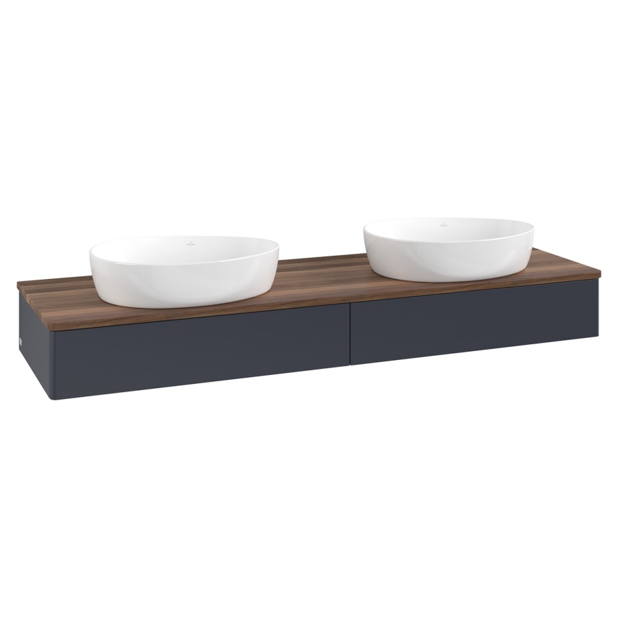 Élément inférieur  Antao
160 x 19 x 50 cm
2&nbsp;éléments de tiroir, 1&nbsp;tiroir chacune
avec siphon gain de place
avec matériel de fixation
pour 2 lavabos à poser 234171/234172/234173
recouvrement Warm Walnut
sans trou pour robinet