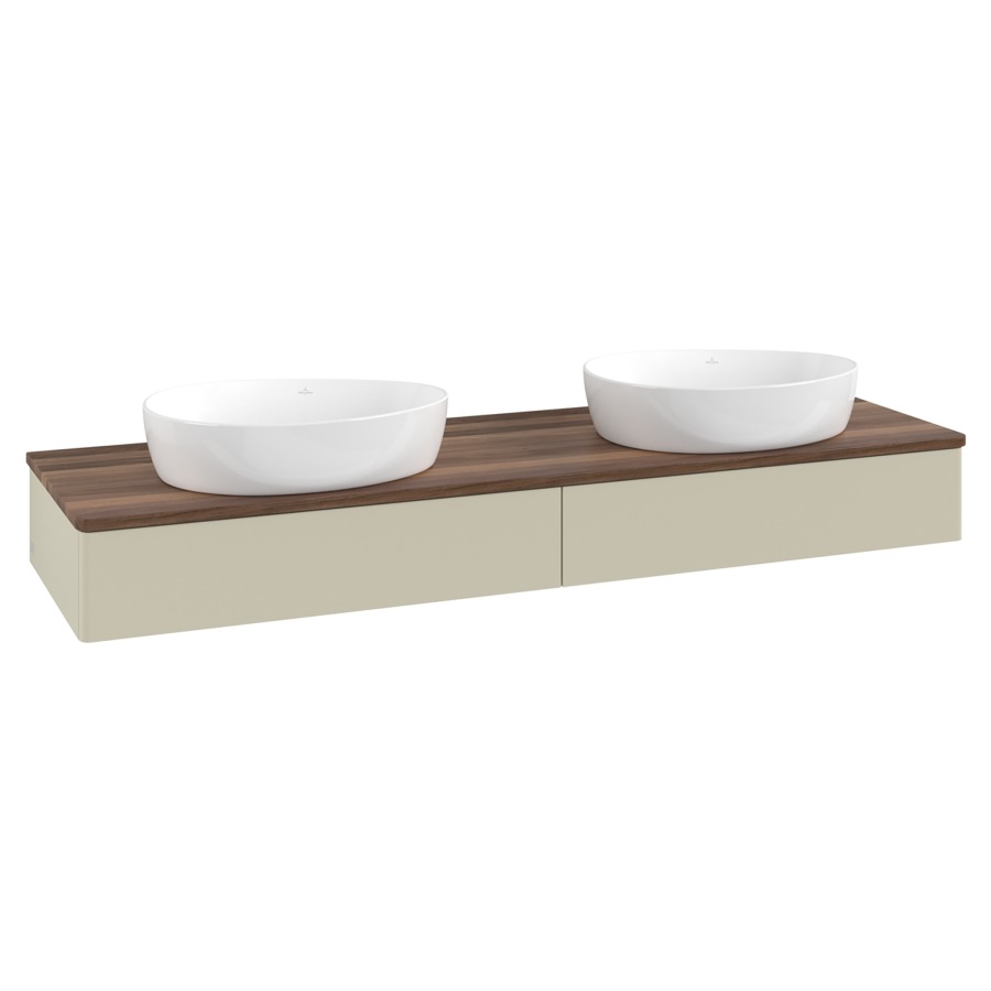 Élément inférieur  Antao
160 x 19 x 50 cm
2&nbsp;éléments de tiroir, 1&nbsp;tiroir chacune
avec siphon gain de place
avec matériel de fixation
pour 2 lavabos à poser 234171/234172/234173
recouvrement Warm Walnut
sans trou pour robinet