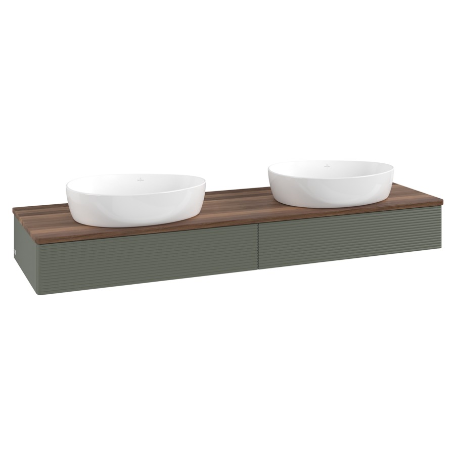 Élément inférieur  Antao
160 x 19 x 50 cm
2&nbsp;éléments de tiroir, 1&nbsp;tiroir chacune
avec siphon gain de place
avec matériel de fixation
pour 2 lavabos à poser 234171/234172/234173
recouvrement Warm Walnut
sans trou pour robinet
