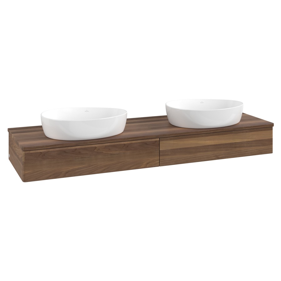 Élément inférieur  Antao
160 x 19 x 50 cm
2&nbsp;éléments de tiroir, 1&nbsp;tiroir chacune
avec siphon gain de place
avec matériel de fixation
pour 2 lavabos à poser 234171/234172/234173
recouvrement Warm Walnut
sans trou pour robinet