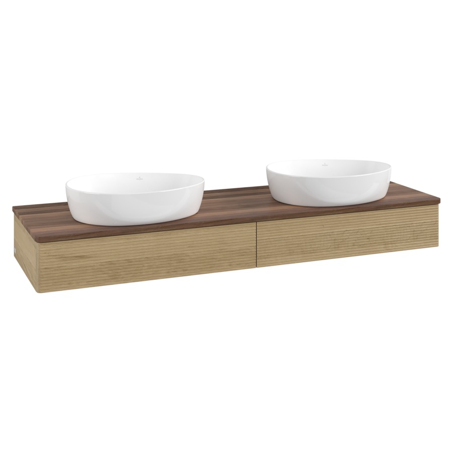 Élément inférieur  Antao
160 x 19 x 50 cm
2&nbsp;éléments de tiroir, 1&nbsp;tiroir chacune
avec siphon gain de place
avec matériel de fixation
pour 2 lavabos à poser 234171/234172/234173
recouvrement Warm Walnut
sans trou pour robinet