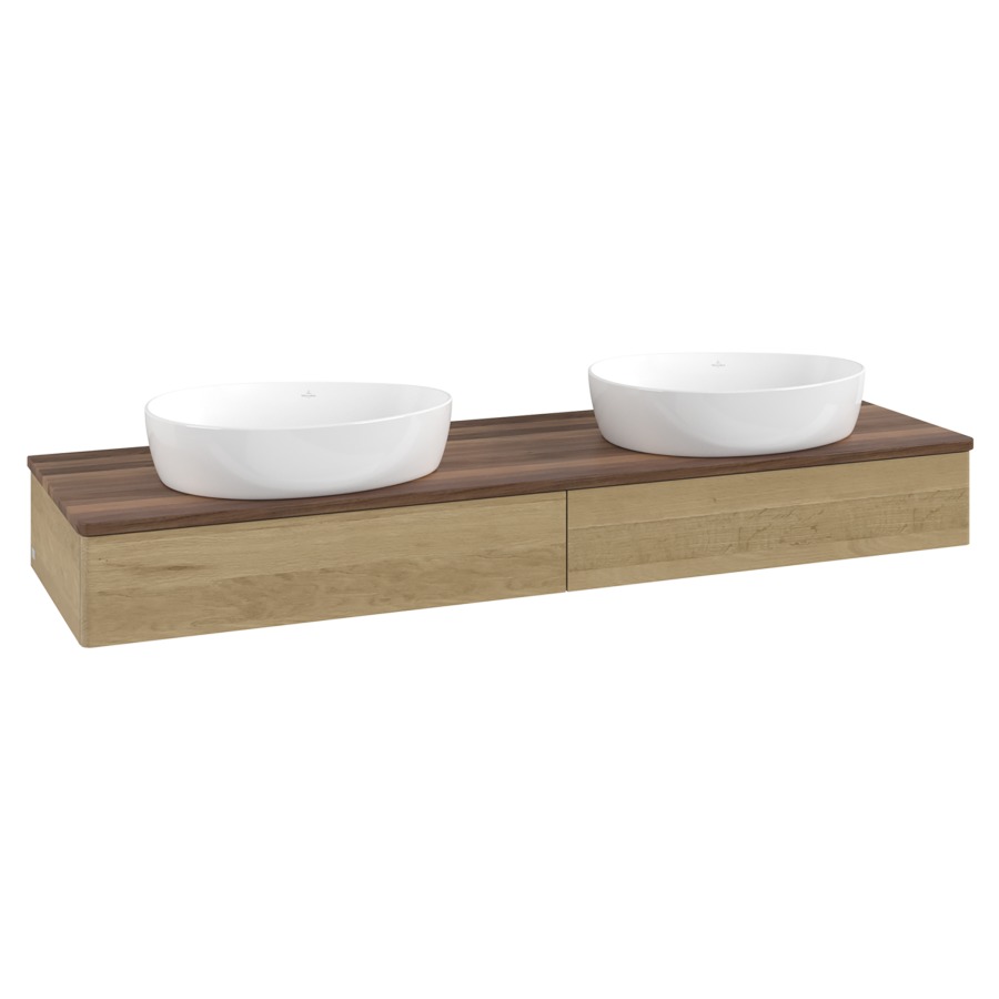 Élément inférieur  Antao
160 x 19 x 50 cm
2&nbsp;éléments de tiroir, 1&nbsp;tiroir chacune
avec siphon gain de place
avec matériel de fixation
pour 2 lavabos à poser 234171/234172/234173
recouvrement Warm Walnut
sans trou pour robinet