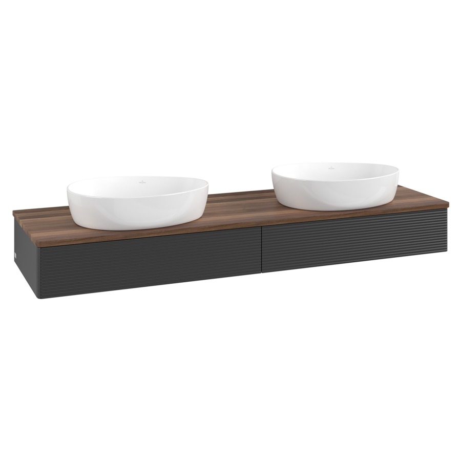 Élément inférieur  Antao
160 x 19 x 50 cm
2&nbsp;éléments de tiroir, 1&nbsp;tiroir chacune
avec siphon gain de place
avec matériel de fixation
pour 2 lavabos à poser 234171/234172/234173
recouvrement Warm Walnut
sans trou pour robinet