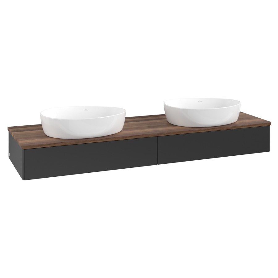 Élément inférieur  Antao
160 x 19 x 50 cm
2&nbsp;éléments de tiroir, 1&nbsp;tiroir chacune
avec siphon gain de place
avec matériel de fixation
pour 2 lavabos à poser 234171/234172/234173
recouvrement Warm Walnut
sans trou pour robinet