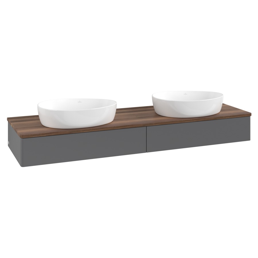 Élément inférieur  Antao
160 x 19 x 50 cm
2&nbsp;éléments de tiroir, 1&nbsp;tiroir chacune
avec siphon gain de place
avec matériel de fixation
pour 2 lavabos à poser 234171/234172/234173
recouvrement Warm Walnut
sans trou pour robinet