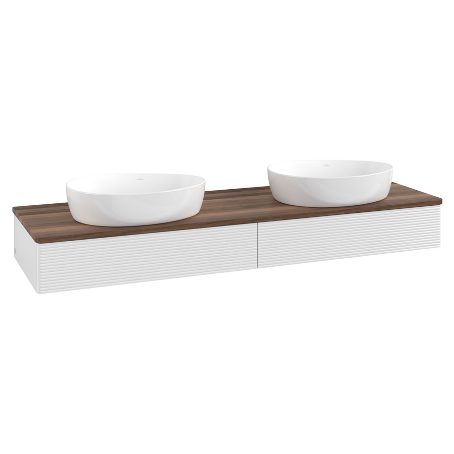 Élément inférieur  Antao
160 x 19 x 50 cm
2&nbsp;éléments de tiroir, 1&nbsp;tiroir chacune
avec siphon gain de place
avec matériel de fixation
pour 2 lavabos à poser 234171/234172/234173
recouvrement Warm Walnut
sans trou pour robinet
