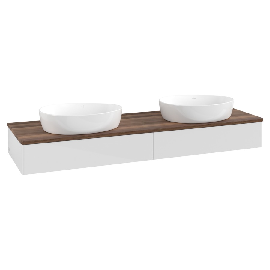 Élément inférieur  Antao
160 x 19 x 50 cm
2&nbsp;éléments de tiroir, 1&nbsp;tiroir chacune
avec siphon gain de place
avec matériel de fixation
pour 2 lavabos à poser 234171/234172/234173
recouvrement Warm Walnut
sans trou pour robinet
