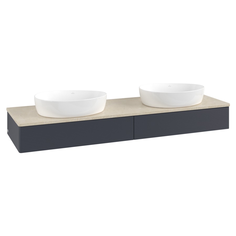 Élément inférieur  Antao
160 x 19 x 50 cm
2&nbsp;éléments de tiroir, 1&nbsp;tiroir chacune
avec siphon gain de place
avec matériel de fixation
pour 2 lavabos à poser 234171/234172/234173
recouvrement Botticino
sans trou pour robinet