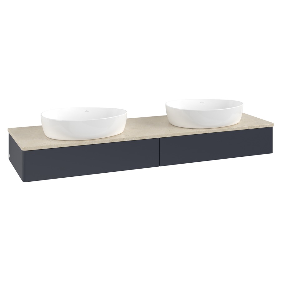 Élément inférieur  Antao
160 x 19 x 50 cm
2&nbsp;éléments de tiroir, 1&nbsp;tiroir chacune
avec siphon gain de place
avec matériel de fixation
pour 2 lavabos à poser 234171/234172/234173
recouvrement Botticino
sans trou pour robinet