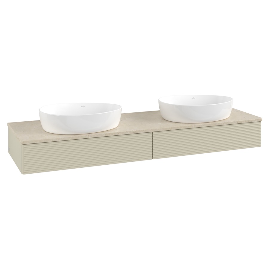 Élément inférieur  Antao
160 x 19 x 50 cm
2&nbsp;éléments de tiroir, 1&nbsp;tiroir chacune
avec siphon gain de place
avec matériel de fixation
pour 2 lavabos à poser 234171/234172/234173
recouvrement Botticino
sans trou pour robinet