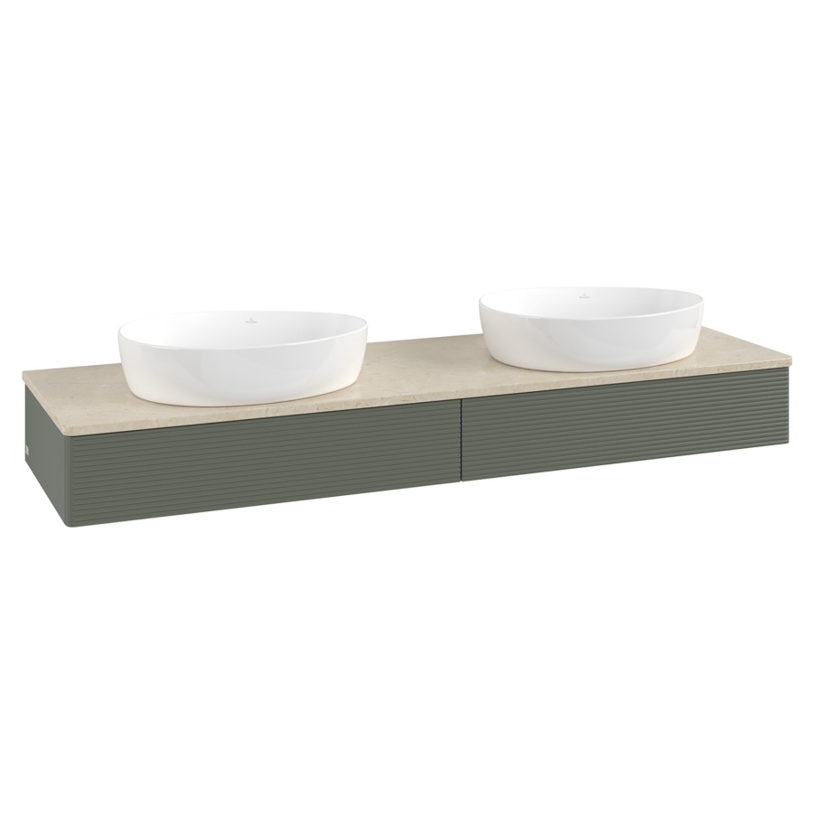 Élément inférieur  Antao
160 x 19 x 50 cm
2&nbsp;éléments de tiroir, 1&nbsp;tiroir chacune
avec siphon gain de place
avec matériel de fixation
pour 2 lavabos à poser 234171/234172/234173
recouvrement Botticino
sans trou pour robinet