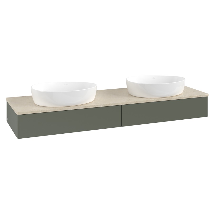 Élément inférieur  Antao
160 x 19 x 50 cm
2&nbsp;éléments de tiroir, 1&nbsp;tiroir chacune
avec siphon gain de place
avec matériel de fixation
pour 2 lavabos à poser 234171/234172/234173
recouvrement Botticino
sans trou pour robinet