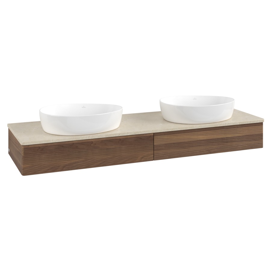 Élément inférieur  Antao
160 x 19 x 50 cm
2&nbsp;éléments de tiroir, 1&nbsp;tiroir chacune
avec siphon gain de place
avec matériel de fixation
pour 2 lavabos à poser 234171/234172/234173
recouvrement Botticino
sans trou pour robinet