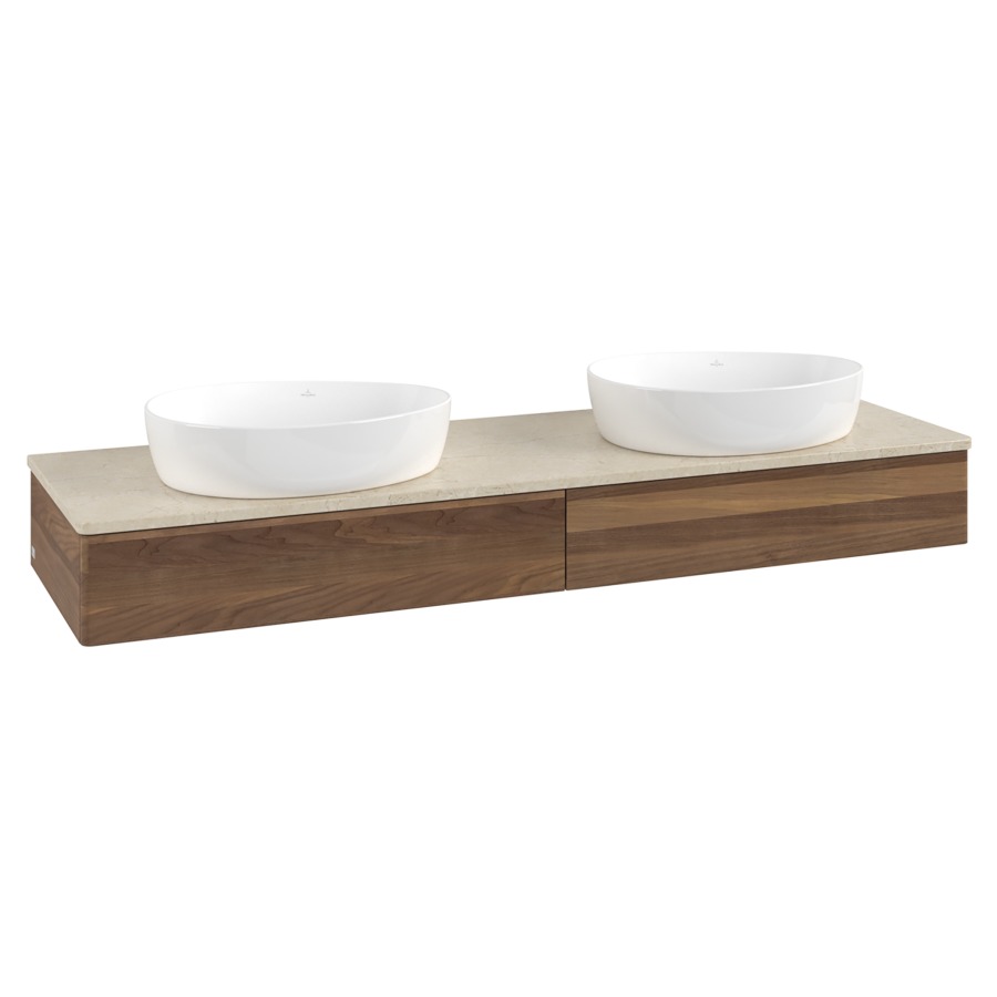 Élément inférieur  Antao
160 x 19 x 50 cm
2&nbsp;éléments de tiroir, 1&nbsp;tiroir chacune
avec siphon gain de place
avec matériel de fixation
pour 2 lavabos à poser 234171/234172/234173
recouvrement Botticino
sans trou pour robinet