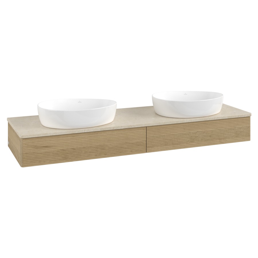 Élément inférieur  Antao
160 x 19 x 50 cm
2&nbsp;éléments de tiroir, 1&nbsp;tiroir chacune
avec siphon gain de place
avec matériel de fixation
pour 2 lavabos à poser 234171/234172/234173
recouvrement Botticino
sans trou pour robinet