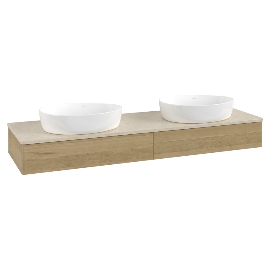 Élément inférieur  Antao
160 x 19 x 50 cm
2&nbsp;éléments de tiroir, 1&nbsp;tiroir chacune
avec siphon gain de place
avec matériel de fixation
pour 2 lavabos à poser 234171/234172/234173
recouvrement Botticino
sans trou pour robinet