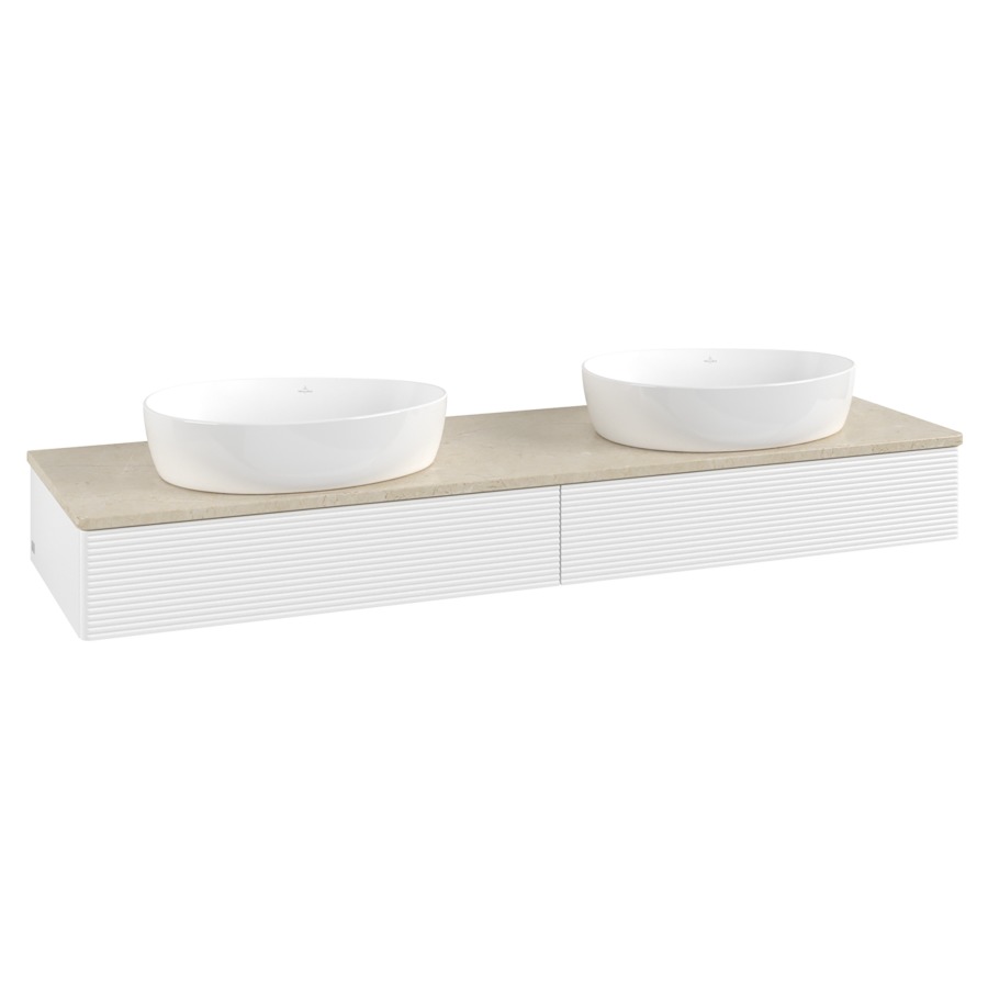 Élément inférieur  Antao
160 x 19 x 50 cm
2&nbsp;éléments de tiroir, 1&nbsp;tiroir chacune
avec siphon gain de place
avec matériel de fixation
pour 2 lavabos à poser 234171/234172/234173
recouvrement Botticino
sans trou pour robinet