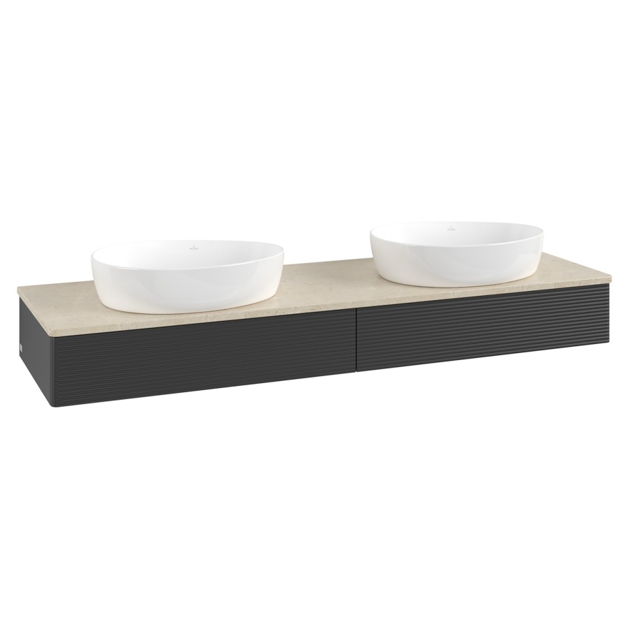 Élément inférieur  Antao
160 x 19 x 50 cm
2&nbsp;éléments de tiroir, 1&nbsp;tiroir chacune
avec siphon gain de place
avec matériel de fixation
pour 2 lavabos à poser 234171/234172/234173
recouvrement Botticino
sans trou pour robinet