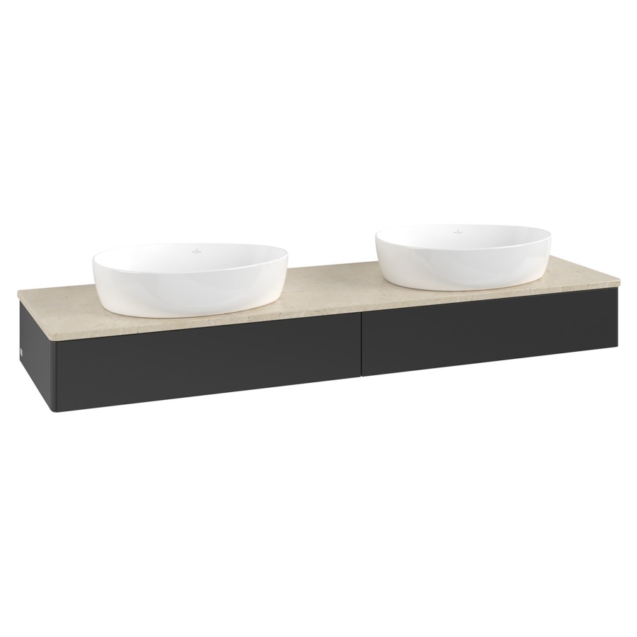 Élément inférieur  Antao
160 x 19 x 50 cm
2&nbsp;éléments de tiroir, 1&nbsp;tiroir chacune
avec siphon gain de place
avec matériel de fixation
pour 2 lavabos à poser 234171/234172/234173
recouvrement Botticino
sans trou pour robinet