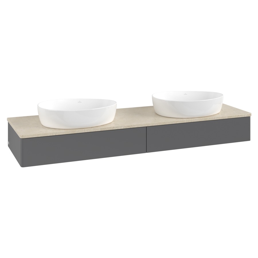Élément inférieur  Antao
160 x 19 x 50 cm
2&nbsp;éléments de tiroir, 1&nbsp;tiroir chacune
avec siphon gain de place
avec matériel de fixation
pour 2 lavabos à poser 234171/234172/234173
recouvrement Botticino
sans trou pour robinet
