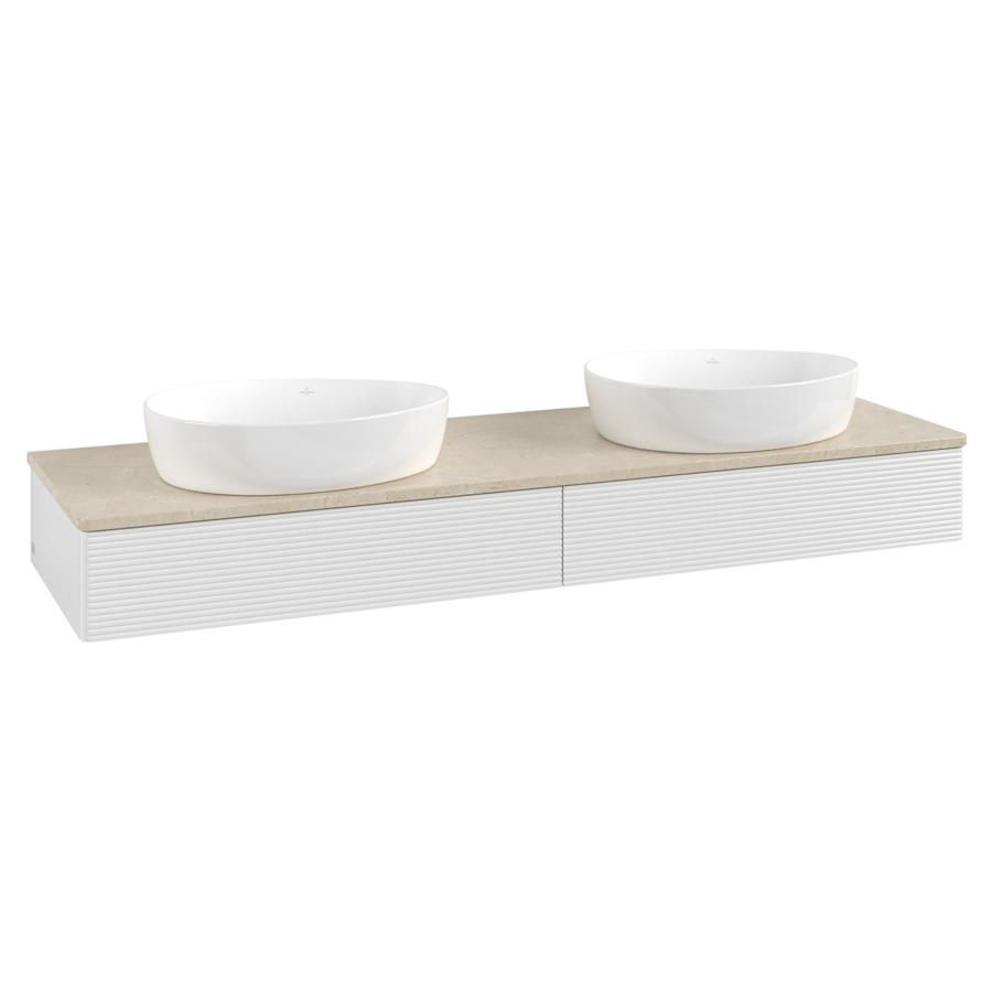 Élément inférieur  Antao
160 x 19 x 50 cm
2&nbsp;éléments de tiroir, 1&nbsp;tiroir chacune
avec siphon gain de place
avec matériel de fixation
pour 2 lavabos à poser 234171/234172/234173
recouvrement Botticino
sans trou pour robinet