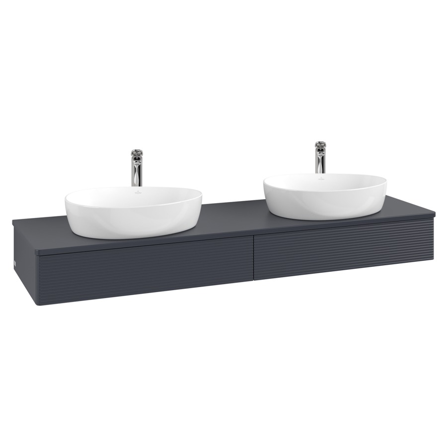 Élément inférieur  Antao
160 x 19 x 50 cm
2&nbsp;éléments de tiroir, 1&nbsp;tiroir chacune
avec siphon gain de place
avec matériel de fixation
pour 2 lavabos à poser 101037/101039/234171
recouvrement avec trou pour robinet